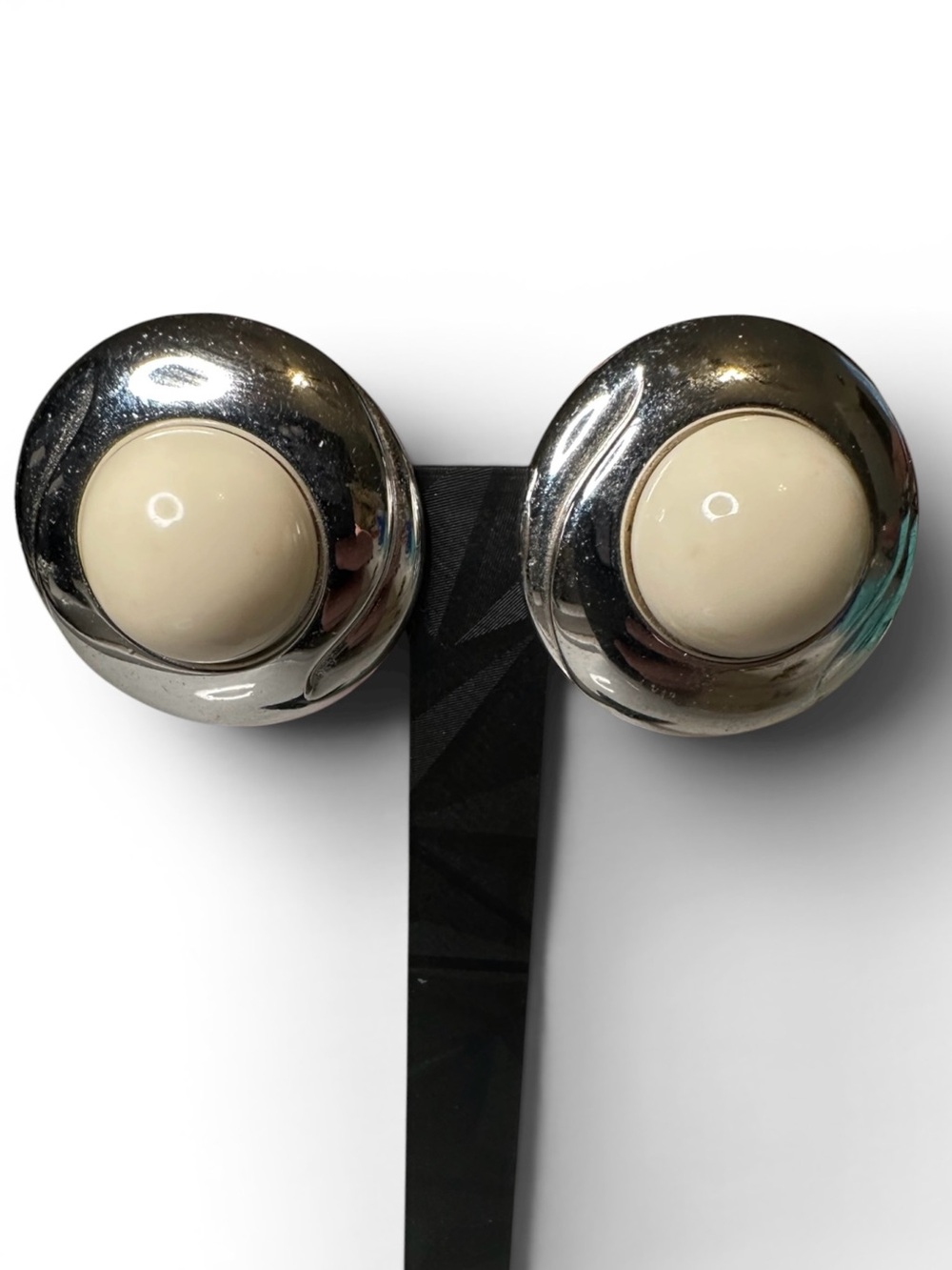 Vintage Monet Silver Tone Cream Cabochon Statement Clip Earrings